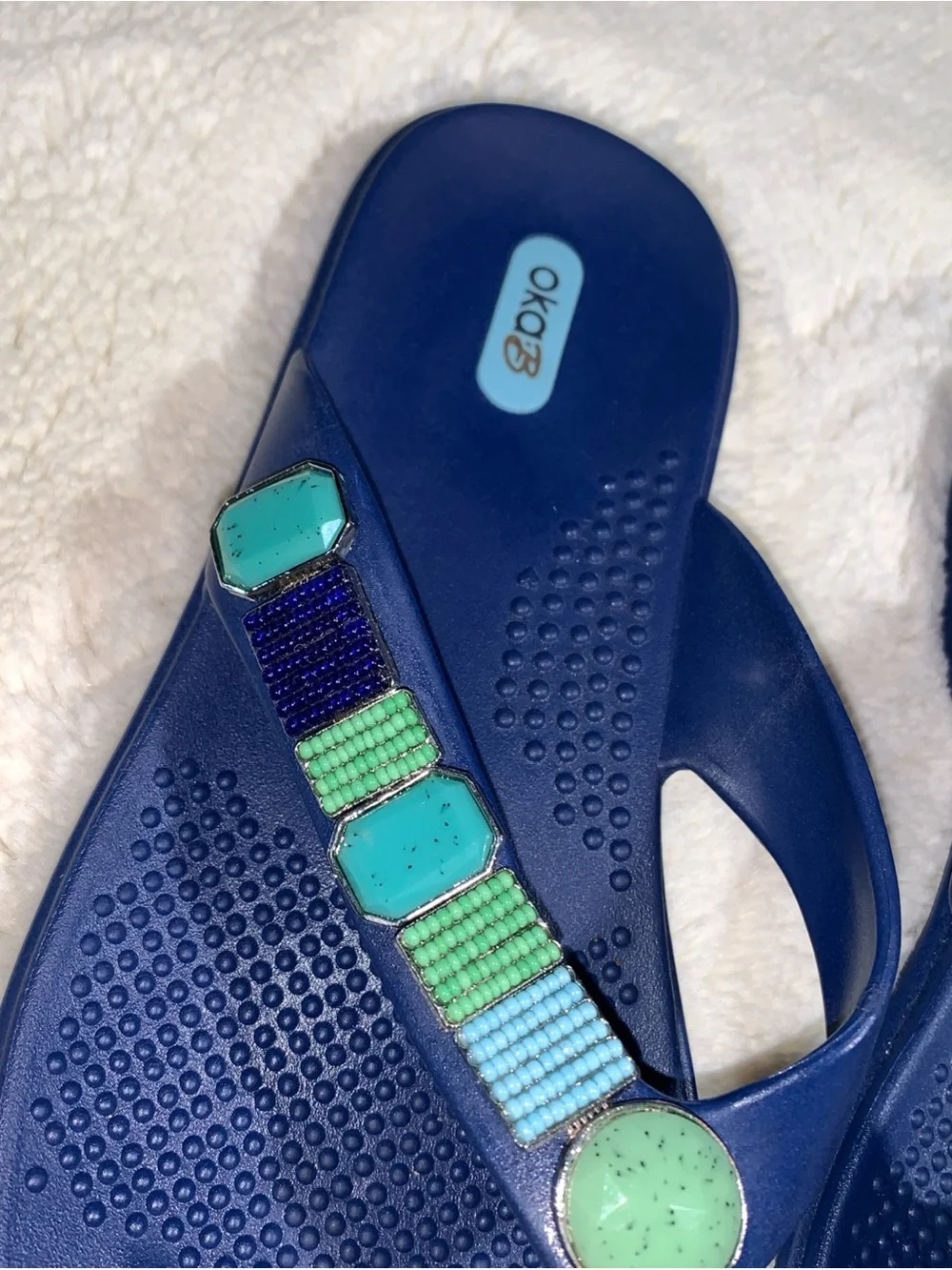 OKA b. Navy Flip Flops with Mint and Aqua Beaded Accents